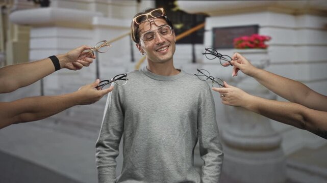 Man smiling while multiple hands offer eyeglasses and frames, wearing gray sweater and stacked glasses on head, street; playful choice.