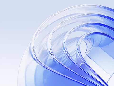 Abstract light blue layered 3D waves of liquid glass transparent curve ribbons. Sea or ocean water splashes, translucent stripes aqua backdrop. Modern wallpaper, futuristic design. 3D illustration