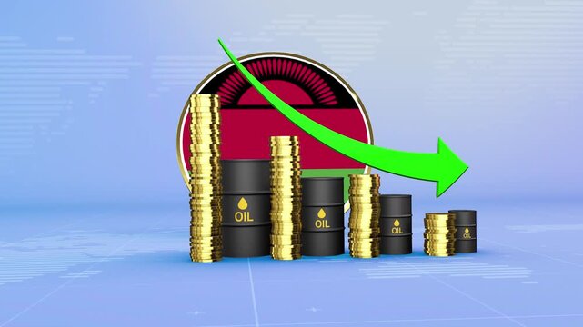 Malawi Oil Prices Decline with Oil Barrels, Gold Coins and Downward Green Arrow, 3D Economic and Financial Market Concept