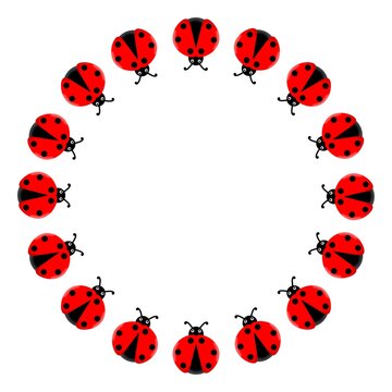Ladybug circle border. Circle frame with ladybug. Round laddybird frame. Round border with red bettle. Summer or spring decoration