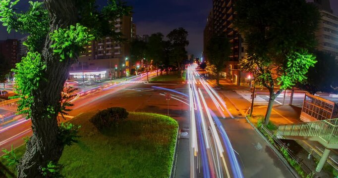 Sapporo Night Traffic Light Trails Timelapse: Long Exposure City Street with Overpass and Trees, Hokkaido, Japan - Wide Angle Shot
