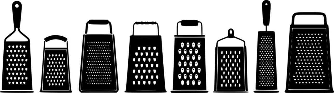 Black silhouette kitchen grater icon set featuring various hand held and box graters for cheese, vegetables, and food preparation.