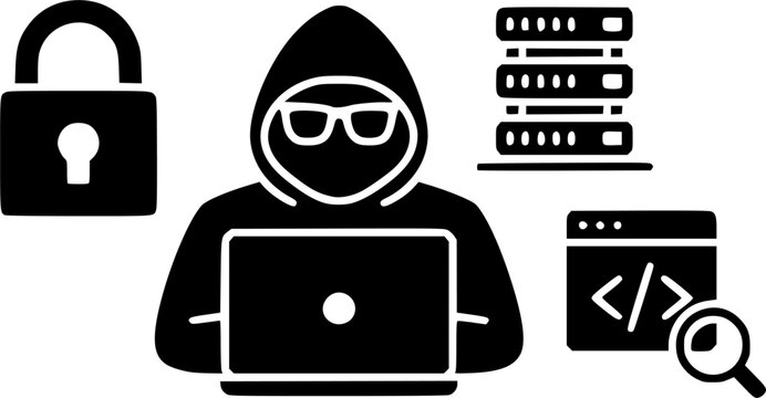 Black silhouette cyber security and hacking icon set featuring a hooded hacker on a laptop, a padlock, server racks, and a code browser window under analysis.