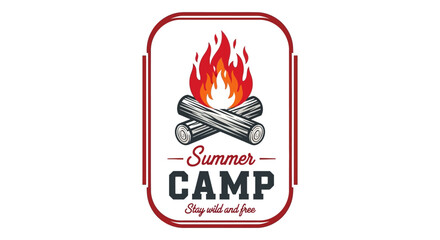 Stylized vector illustration of a campsite featuring a tent, campfire, and pine trees against a mountain backdrop. Minimalist graphic for travel and outdoor recreation themes. © sari