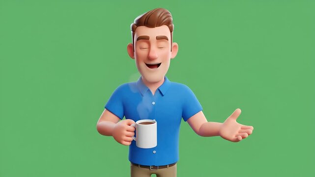 3 d animated male character holding coffee mug against solid green background