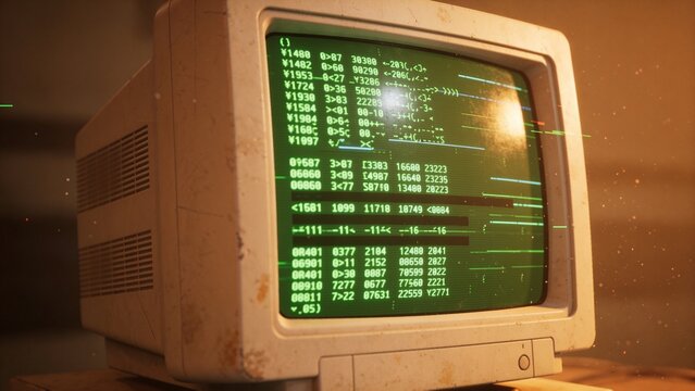 depicts a vintage CRT monitor displaying a green monochrome screen filled with lines of code and data. The screen is slightly curved, typical of older monitors, and shows a matrix of alphanumeric char