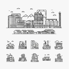 Obraz premium Elegant Black and White Line Art Illustrations of Industrial Buildings Factories and Urban Structures with Minimalist Style