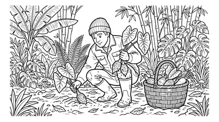 Tropical farmer harvesting taro plants, a detailed black and white vector illustration for agricultural education and sustainable farming concepts © Caleb