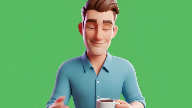 3 d animated man holding a white mug against a green screen background for keying