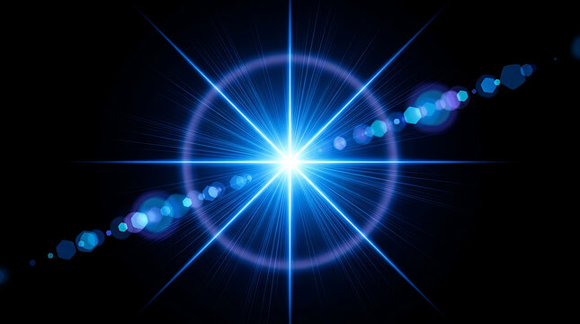 Symmetrical blue lens flare with light streaks abstract background radiance artistic