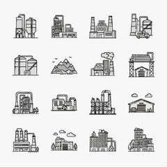 Obraz premium Elegant Black and White Line Drawing Set of Diverse Industrial Buildings Factories and Urban Structures for Creative Projects