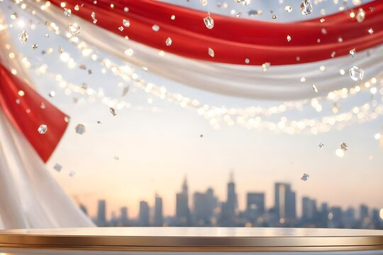 Elegant Singapore National Day background with crystal confetti, sparkling lights, patriotic color palette, luxurious celebration atmosphere, soft focus effects