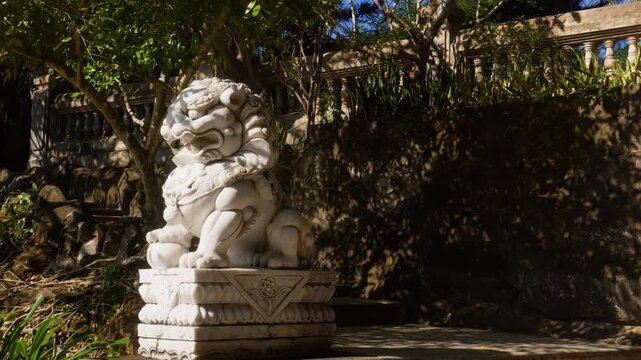 Vietnamese Stone Statue, Guardian Lion At Linh Ung Pagoda On Son Tra Peninsula In Da Nang, Vietnam. Static Shot