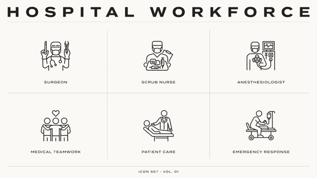 Charcoal outline icons for hospital staff and surgeons - Perfect for surgical clinic websites, healthcare booklets, or clinical charts.