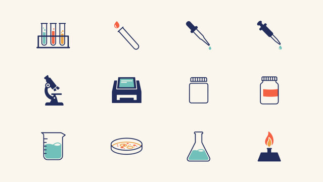 Laboratory analyzer and specimen container flat icons - Great for diagnostic lab branding, medical research, or science education.