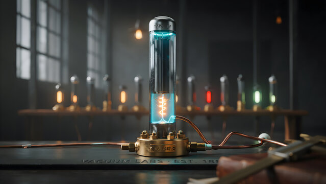 Vintage vacuum tube technology in a laboratory setting with glowing filament and brass components