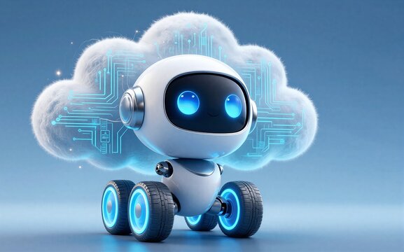 Cute robot with glowing blue eyes and circuit cloud behind, futuristic wheels.