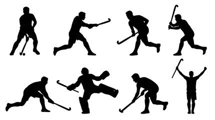 Fototapeta premium Set of eight black silhouettes of hockey players in various action poses on a white background, representing sport and competition
