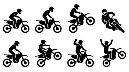 Obraz premium Collection of dynamic motocross rider silhouettes in various action poses, jumping, wheeling, and celebrating, black isolated on white, representing