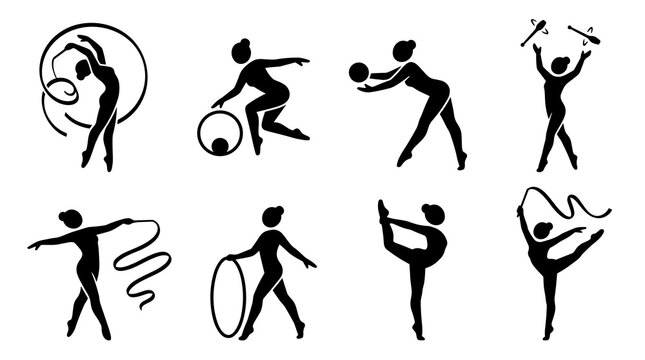 Set of eight rhythmic gymnastics silhouette icons performing with ribbons, hoop, and ball, athletic poses and movements, sport symbols, dynamic