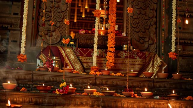 Glowing Earthen Lamps Lit for Traditional Hindu Religious Ceremony