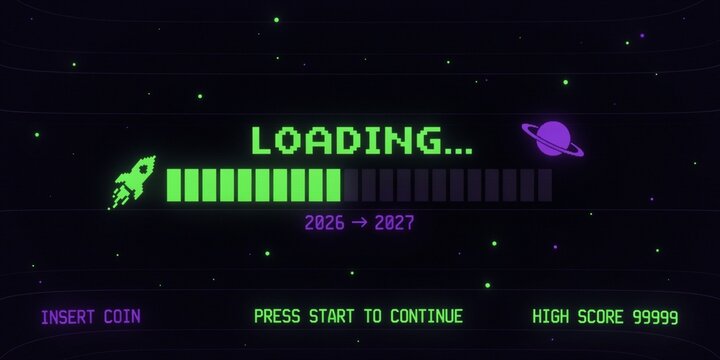 Retro 8-Bit Pixel Art Loading Bar 2026 to 2027, Nostalgic Arcade Game Progress Screen