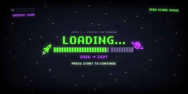 Retro 8-Bit Pixel Art Loading Bar 2026 to 2027, Nostalgic Arcade Game Progress Screen