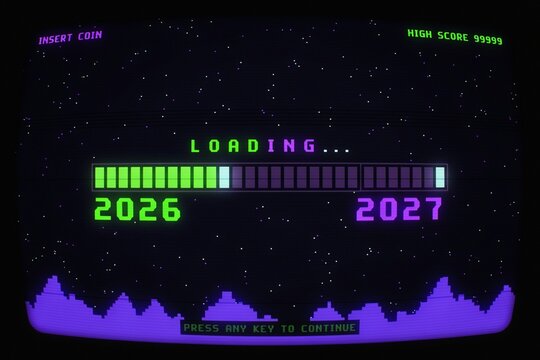 Retro 8-Bit Pixel Art Loading Bar 2026 to 2027, Nostalgic Arcade Game Progress Screen