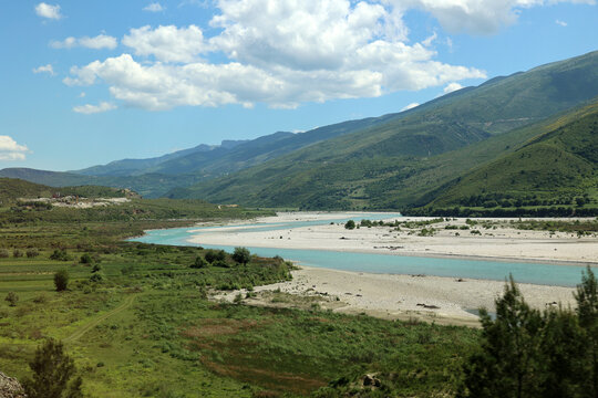 Landscape on the River Drin or Drino near Gjirokastra, Albania   