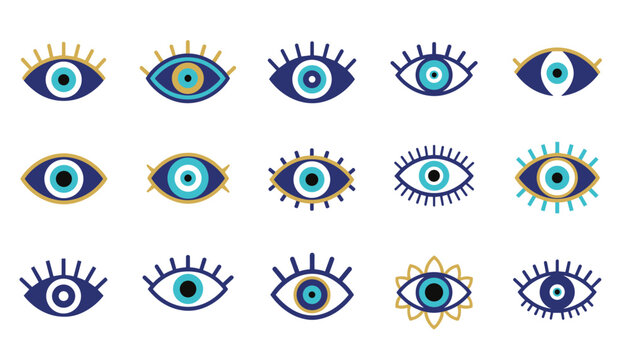 Variety of evil eye protection charms in various shades of blue and gold with different eyelash and pupil designs.