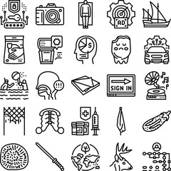 Fototapeta premium Black and white line art icon set showcasing minimalist symbols for technology, security, finance, health, nature, communication, transport, sports, music, and webui concepts