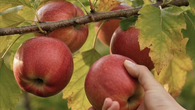 Red apples ripen on tree branch bathed in autumn light, hand gently picking fresh fruit, close up view of abundant harvest in vibrant orchard.