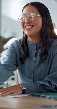 Woman, meeting and interview with handshake in office for recruiting agreement, partnership or deal. Female person, recruiter or employer shaking hands with CV for b2b, onboarding or job hiring