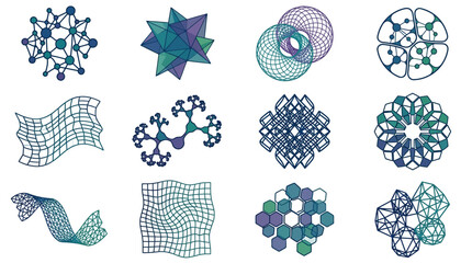 Minimalist Abstract Geometric Network Structures with Teal Purple and Blue Wireframe Designs with high quality professional line art symbols for modern creative design and digital branding projects © Kutok