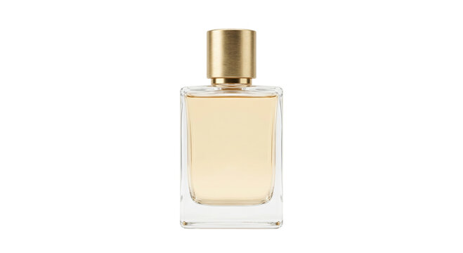 Elegant glass perfume bottle with golden cap and light amber liquid