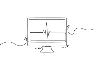 Obraz premium Computer monitor displays heart beat oscilloscope waveform with continuous line art style