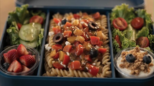 Blue bento box lunch meal: fusilli pasta with bell peppers, black olives, feta cheese; fresh green salad; strawberries, blueberries; yogurt cup with granola.