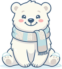 Cute Sitting Polar Bear Cub Wearing Winter Scarf Cartoon Character, Adorable Arctic Animal Mascot Vector Illustration for Seasonal Greeting Cards and Kids Prints © Usman 