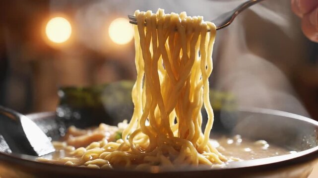 Lifting hot ramen noodles with a metal fork from a steaming ceramic bowl. An adult with fair skin eats a warm meal.