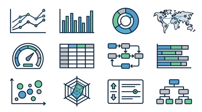 Dynamic Infographic Showcasing Data Visualization Icons with Modern Minimalist Design in Blue and Green Tones