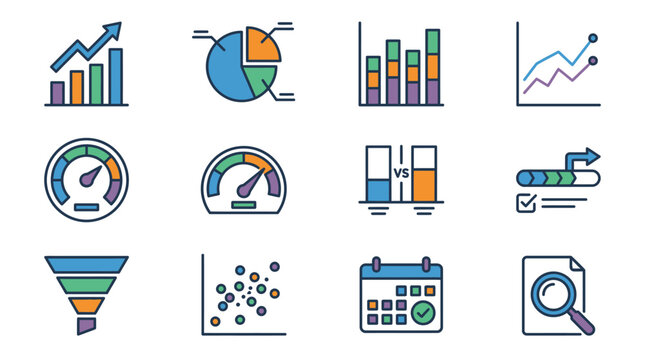 Clean Colorful Infographic Icons Set Featuring Bar Graphs Pie Charts Speedometers Comparison Checklists Funnels Scatter Plots Calendars Magnifying Glasses