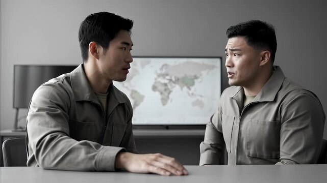 Two Asian men military uniform discuss strategy, world map background, serious conversation, military operations planning, global security context.