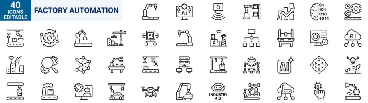 Factory Automation Line Icons Set. Outline Industrial Automation, Smart Factory, Manufacturing, Industry 4.0 Editable Stroke Vector Collection