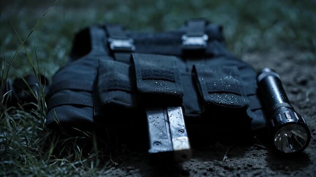 Black tactical vest with magazine and powerful flashlight rests on ground at night, wet from rain or dew, symbolizing readiness for crucial military or law enforcement operation