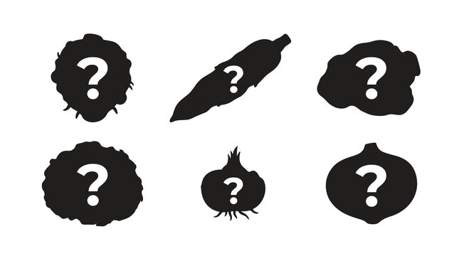 Set of six stylized black silhouettes with question marks inside, representing common items or food like vegetables or fruits, uncertainty or mystery