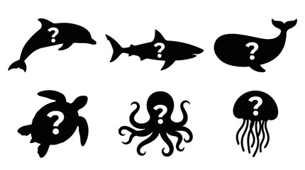 Fototapeta premium Silhouette collection of marine life with question marks, ocean creatures set, dolphin, shark, whale, turtle, octopus, jellyfish icons, simple