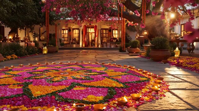 Rangoli flower decoration with glowing oil lamps for Indian festival