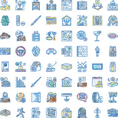 Fototapeta premium Collection of hand drawn icons illustrating diverse concepts including technology, finance, law, nature, construction, education, health, and transport