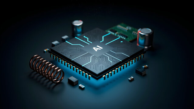 Artificial intelligence ai processor chip on circuit board with electronic components