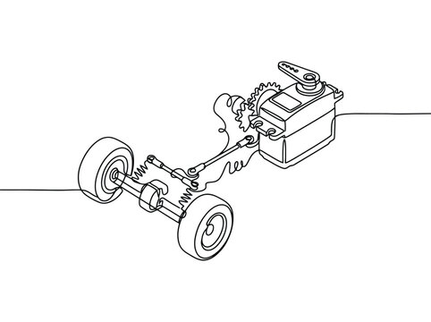 Detailed illustration of a servo motor and steering mechanism with wheels and springs